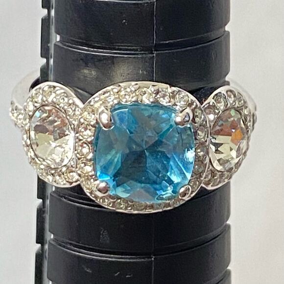 Silver Tone Cocktail Ring With Aqua Blue Central Stone And Clear Side Stones - Picture 9 of 9